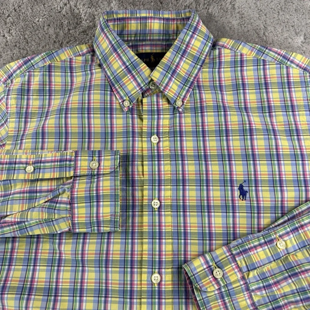 Polo Ralph Lauren Shirt Mens Medium Plaid Button Down Blue Yellow Cotton Classic